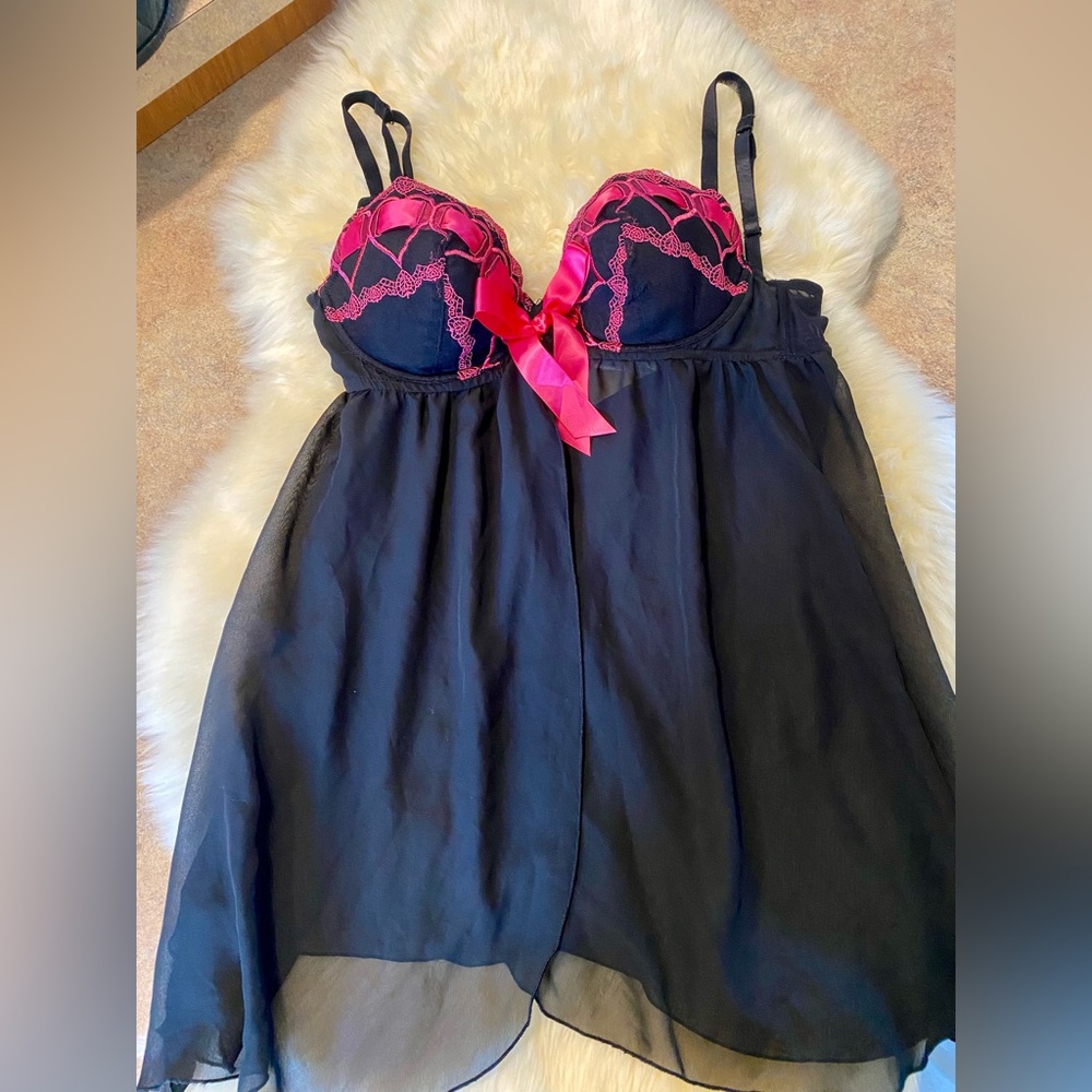 Cacique Black and Pink Chemise with Lace Trim